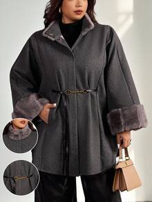 Firerie Plus Size Elegant Furry Collar Patchwork Dark Grey Casual Cloak Style Overcoat, Suitable For Home, Office, Outdoor, Cuff Fur Trim Elegant Commute & Date, Refined Afternoon Tea, Autumn/Winter/ Elegant Overcoat With Drawstring Waist Belt / Autumn And Winter Long Sleeve Loose Fur Patchwork Office Wear Coat Fall