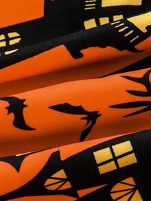 女士时尚万圣节秋冬荷叶边领长袖短款上衣搭配松紧腰万圣节主题骷髅、城堡、星星和月亮印花宽松下摆裙子，2 件套 - 黑色 - 查看 8