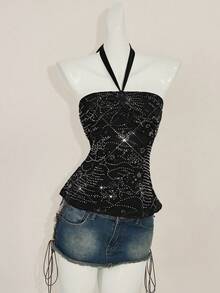 SHEIN ICON Y2k 露背勃艮第外出复古波西米亚嬉皮音乐会串珠时尚度假闪光派对闪亮亮片无袖短款上衣，露背修身夏季背心 - 黑色 - 查看 7