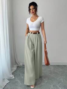 Selianne Culotte de cintura alta sólido color albaricoque, estilo elegante adecuado para uso diario y trabajo, vintage para temporada de graduación, festival de música, Derby, Día de la Independencia - Verde - Ver 6