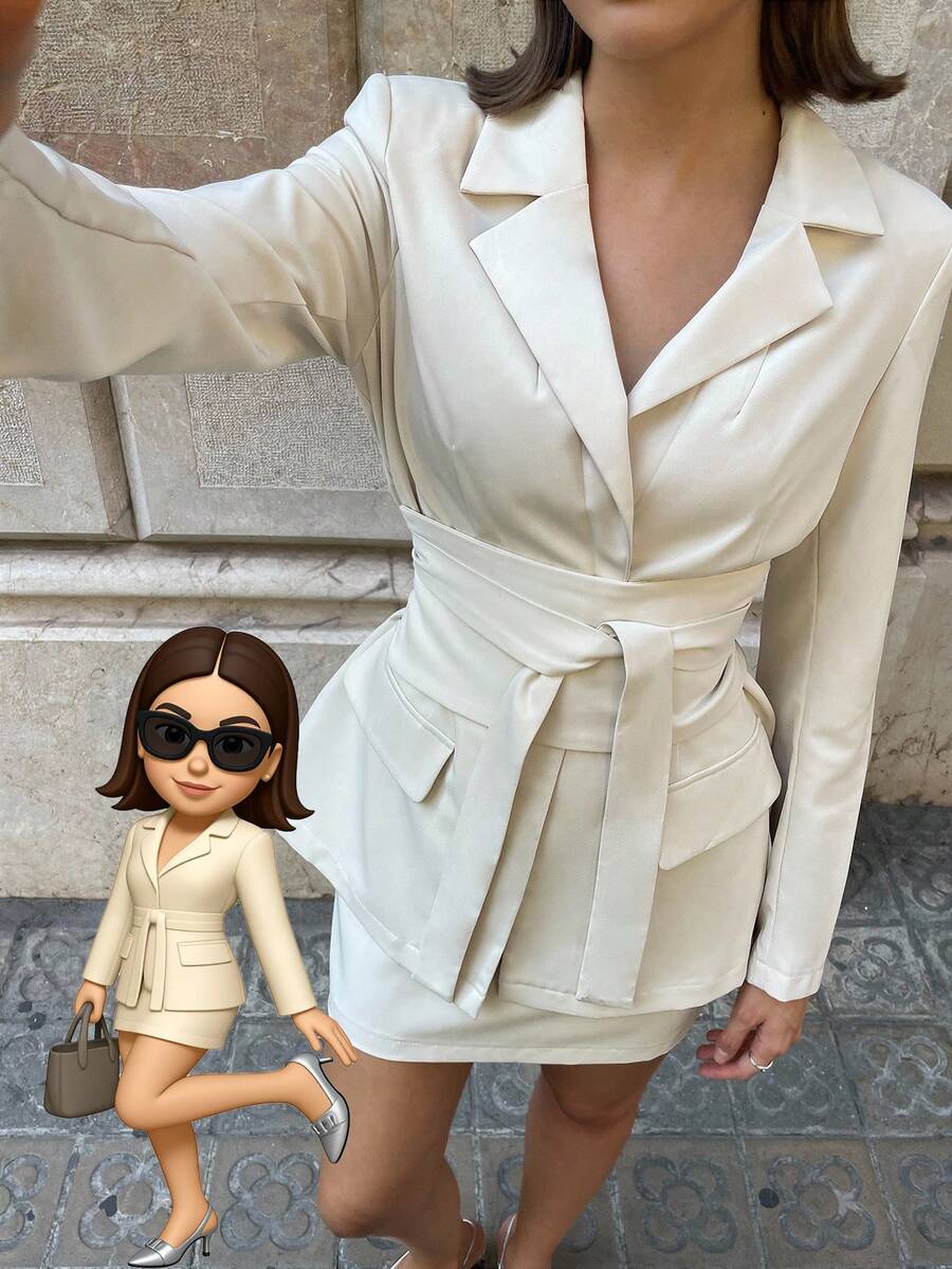 Aloruh 女士两件套纯燕麦色西装套装，优雅的办公室着装，配有腰带、定制夹克和迷你裙