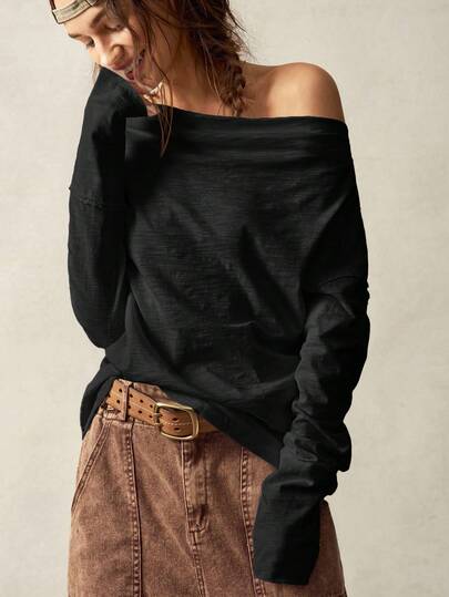 Bohemela プラスサイズ レディース 無地 オブリークショルダー ルーズフィット 長袖 カジュアルTシャツ