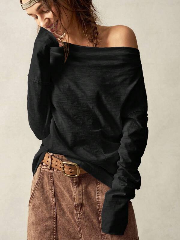 Bohemela Plus Size Women's Solid Color Oblique Shoulder Loose Fit Long Sleeve Casual T-Shirt