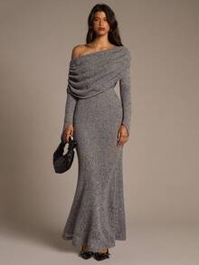 Aloruh Women's Off-Shoulder Ruched Long Sleeve Bodycon Prape Grey Maxi Dress, Fall/Winter - Dark Grey - View 7