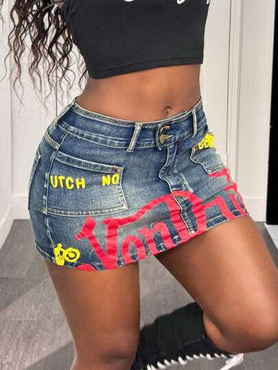 Slaydiva New Women's Denim Skirt Low Waist Mini Printed Bodycon Skirt Vintage Washed Denim Skirt Fall For Women Autumn For Women Winter Halloween Costumes Going Out Country Concert Y2k Halloween Costumes For Women Going Out Denim Mini Skirt Jean Skirt Printed Mini Skirt Women Denim Skirt Y2k Aesthetic Skirt Y2k Bottoms Mini Denim Skirt