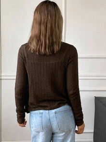 DAZY 女式撞色拼布二合一长袖圆领麻花针织休闲开衫，秋季 - 棕色 - 查看 2