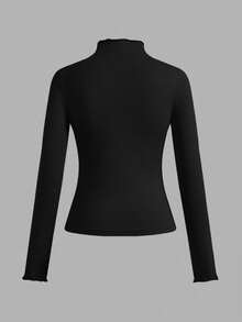 SHEIN EZwear 3 件套女式黑色高领荷叶边修身休闲长袖长 T 恤套装，适合秋冬分层穿着 - 黑色 - 查看 11