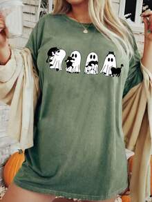 SHEIN CURVE+ T-shirt à manches courtes col rond avec imprimé fantôme et chat noir, grande taille. Design minimaliste casual, convient pour l'été, Halloween, automne et hiver