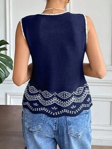 SHEIN Frenchy Camiseta sin mangas de punto casual con estampado floral retro para mujer en otoño/invierno - Azul Marino - Ver 4
