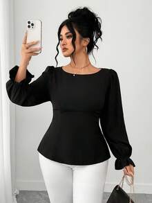 Elenzga 大码女式纯色泡泡袖蝴蝶结露背优雅休闲衬衫，夏秋季 - 黑色 - 查看 6