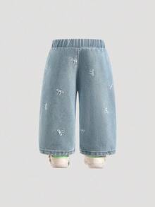SHEIN 女婴 Y2K 宽松喇叭牛仔裤，浅色水洗阔腿牛仔裤，蝴蝶结印花，腰部配有松紧带，是日常时尚的最佳选择 - 淺色水洗藍 - 查看 2