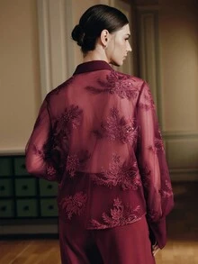 Anewsta Valentinstag Urlaubsstil Pailletten Stickerei transparente Langarm Stehkragen Damen Bluse mit Schleife - Bordeaux - Übersicht 2