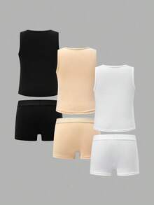 SHEIN 6件套 Dozemod 儿童男童简约圆领背心和松紧腰内裤舒适休闲内衣套装 - 彩色 - 查看 2