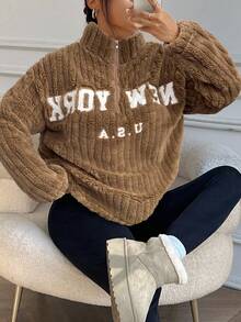 SHEIN EZwear مجموعة من 2 قطعة: هوديي بسحاب مطبوع عليه حرف وبنطال يوجا مناسب، متعدد الاستخدامات مقاس كبير، للخريف/الشتاء