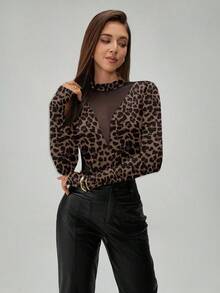 Almamuse Petite Women's Fashion Leopard Print Mesh Patchwork Long Sleeve Fingerhole Bodysuit Leopard Bodysuit - Brown - View 6