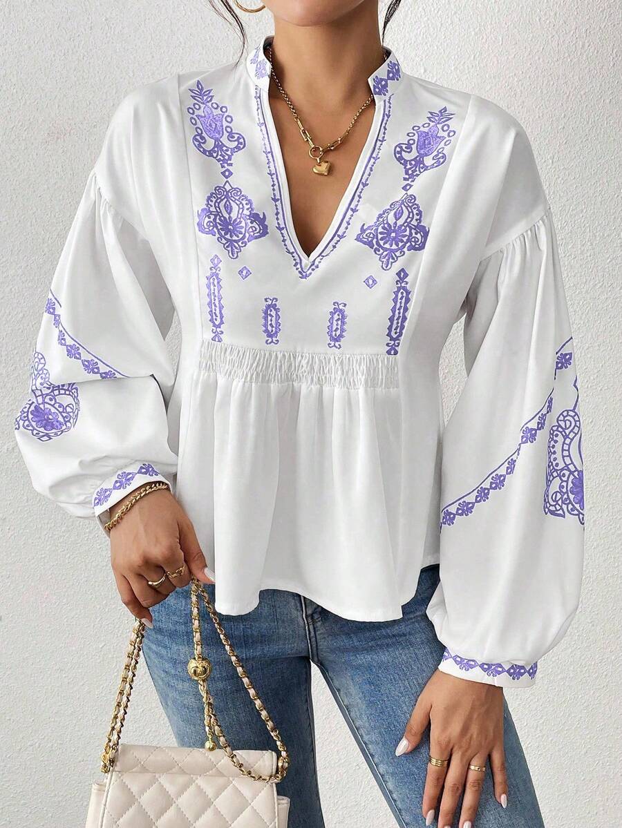 SHEIN LUNE 女式褶皱图案印花长袖纽扣衬衫荷叶边上衣 - 紫色 - 查看 1