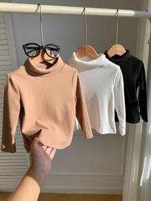 SHEIN 3pcs Baby Boy Turtleneck Long Sleeve Base Layer,Thermal Lined Winter Basics For Back-To-School,Black And White Solid Casual Tops For Carrer Day - Multicolor - View 3
