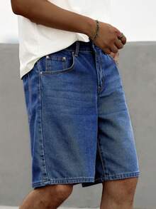 Manfinity Homme Men's Simple Solid Color Denim Wide Leg Shorts With Pockets Washed Blue For Straight Leg - Dark Wash - View 6