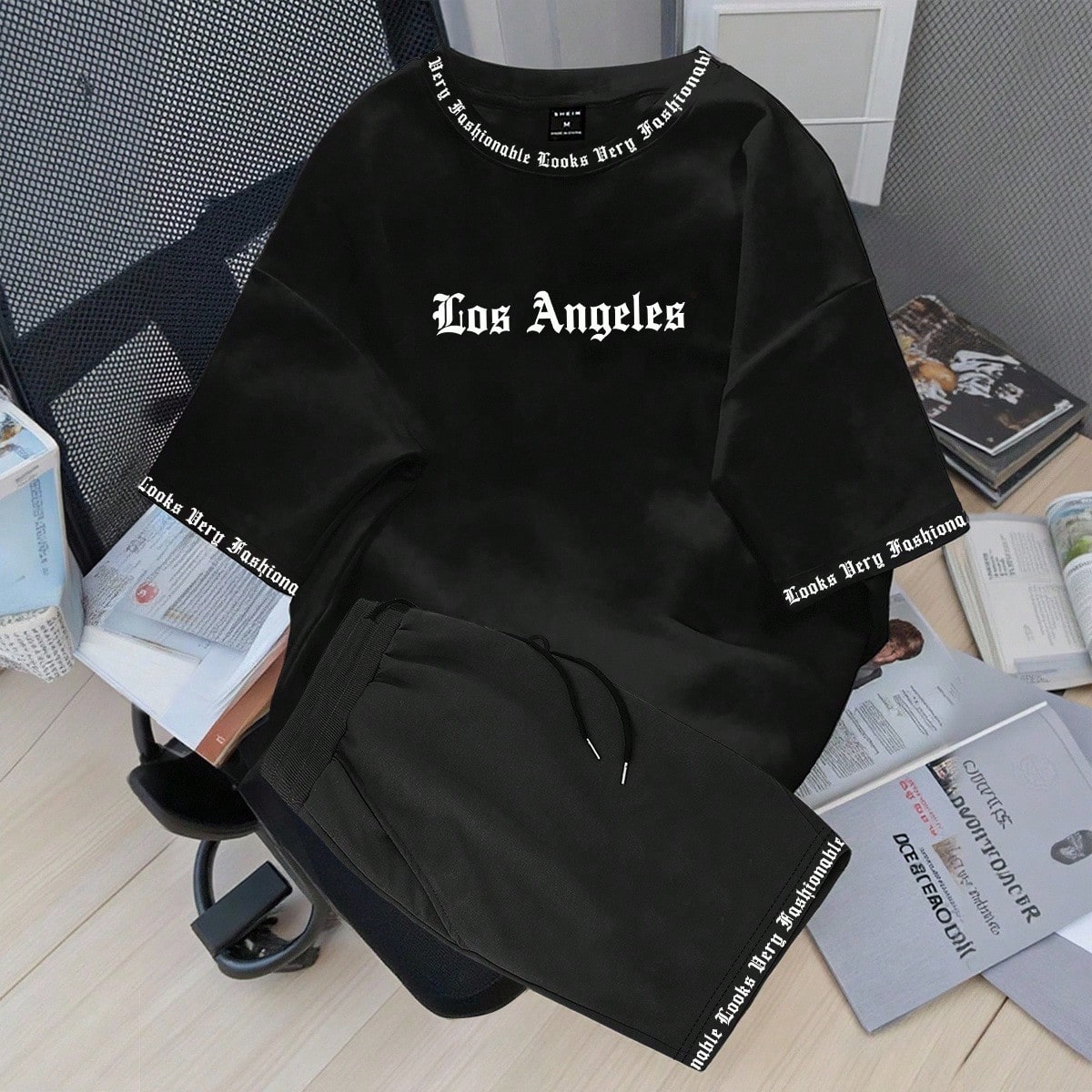 Conjunto de 2 piezas de camiseta de manga corta con gráfico de letras y pantalones cortos para hombre, atuendo para salir, atuendo acogedor