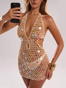 SHEIN BAE Váy len hở vai gợi cảm đính sequin khoét sâu dành cho nữ vào mùa thu/đông - Màu be - Xem 5