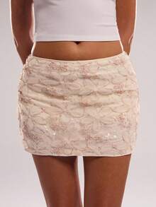 SHEIN BAE Women's Pink 3D Flower Midi Skirt, Suitable For Wedding Season, Graduation Season - Mint Green - View 4
