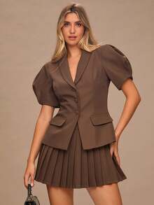 Enchnt Set de 2 piezas: Blazer de manga abullonada y falda plisada - Café integral - Ver 3