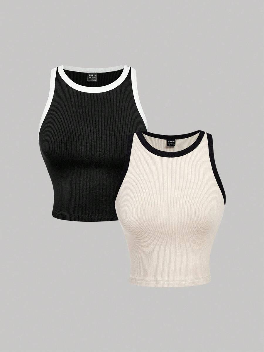 SHEIN MOD 2 قطعة من الأعلى المحصور ذو الألوان المتباينة والتريكو المضلع للنساء، ملابس علوية محصور، ملابس علوية خزان محصور مضلع، ملابس علوية محصور، ملابس عطلة للنساء