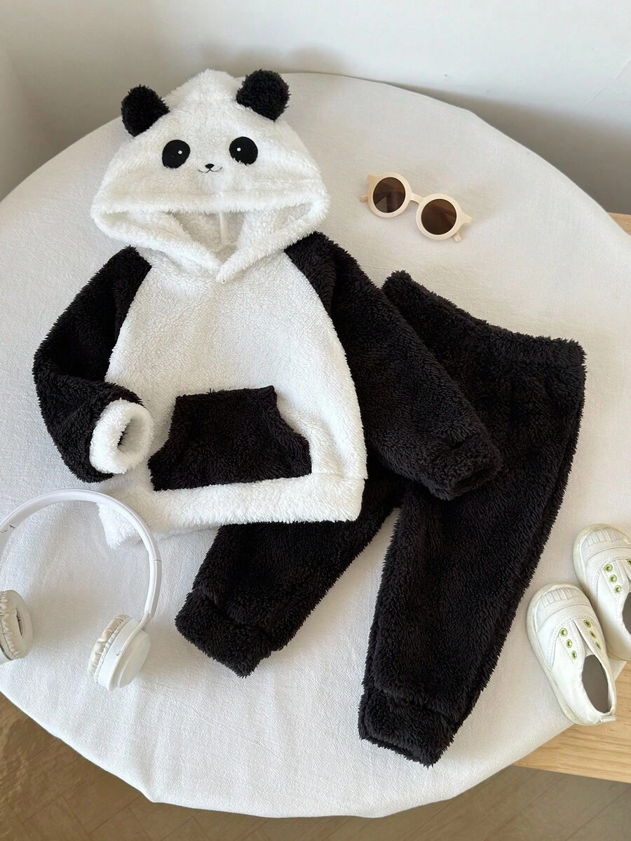 SHEIN 2 件男婴熊猫毛绒连帽套装，温暖休闲熊猫连帽衫 + 毛绒裤子，秋冬 - 黑與白 - 查看 1