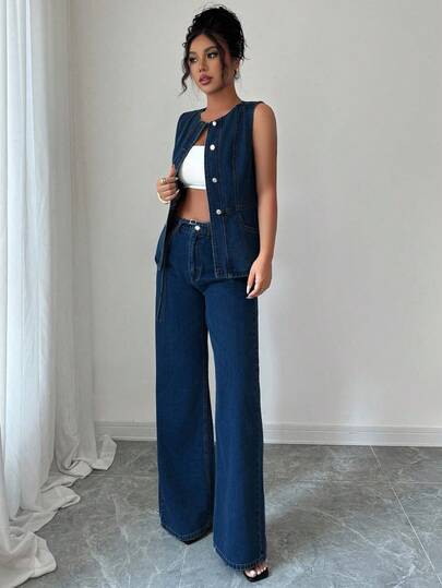 Elenzga Women's Denim Sleeveless Button Waist Vest And Pants Set