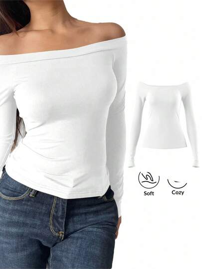 SHEIN BASICS Avslappnad enfärgad stickad off-shoulder långärmad figurnära topp för kvinnor