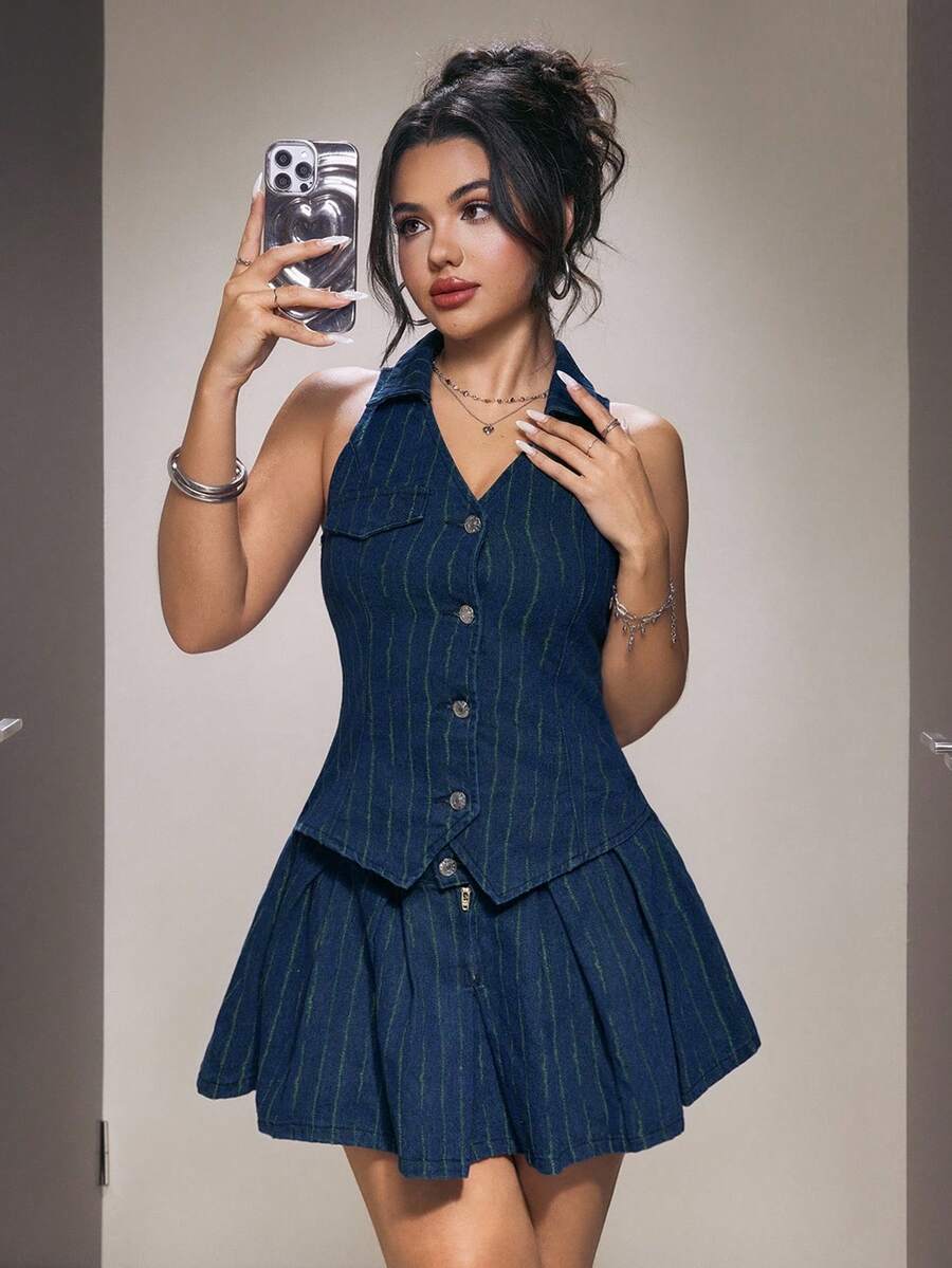 Jeanoix 条纹无袖牛仔连衣裙 - 深色水洗藍 - 查看 1