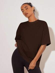 SHEIN BASICS Áo thun nữ dáng rộng cổ đứng màu trơn, dáng rộng, thường ngày - màu nâu - Xem 4