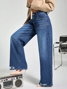 EURMUSE WOMEN LOOSE LOW WAIST WIDELEG DARK BLUE DENIM JEAN - Dark Wash - View 5