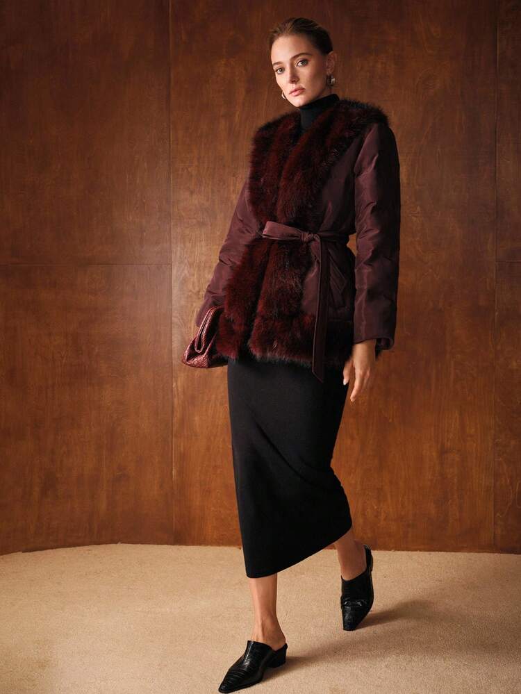 FUZZY PANEL SLANT POCKET BELTED WINTER COAT