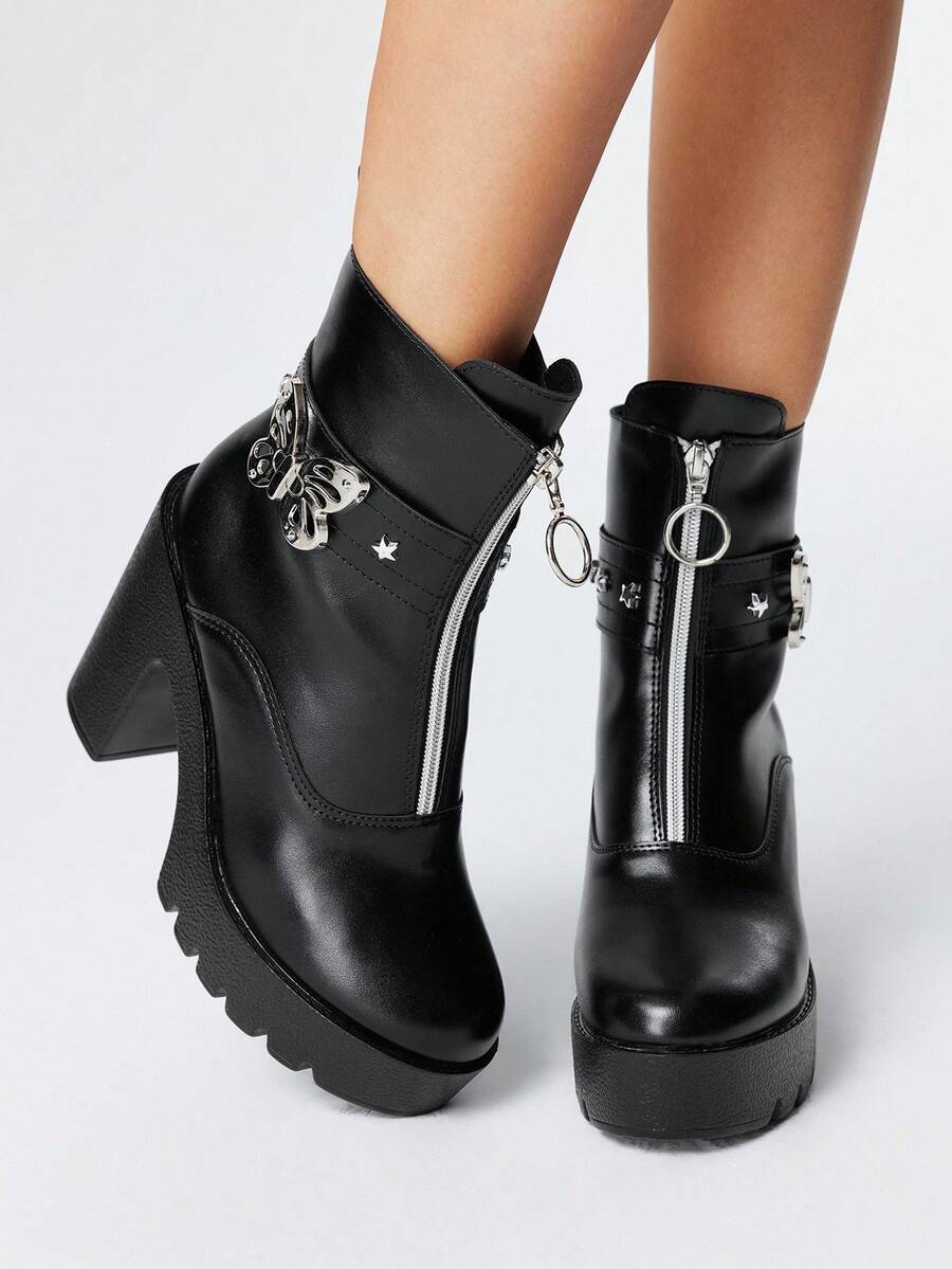 ROMWE Grunge Punk 女式哥特式金属蝴蝶扣圆头厚底粗跟朋克靴，PU 皮革黑色高跟靴，适合派对、日常穿着、晚礼服、增高修腿、万圣节 - 黑色 - 查看 1