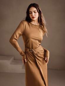 Anewsta Solid Color Round Neck Long Sleeve Button Splice Fitted Elegant Women Dress, Suitable For Autumn, Fall, Winter, Going Out, Elegant, Formal, Party, Chic, New Year, Women's Winter Dress, Christmas, Work, Graduation, Wedding - Brown - View 3