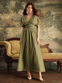 Anewsta Women's V-Neck Ruched Waist Dress With Dolman Sleeves, Suitable For Beach Vacation, Spring/Summer - Army Green - View 6