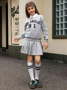 Hanevo 2pcs/Set Tween Girl American College Style Collared Shirt With English Letter Print & Pleated Skirt, Casual Sweatshirt Set - Light Grey - View 3