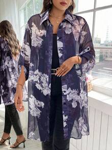 SHEIN Clasi 大码优雅复古七分袖长款花卉印花雪纺衬衫