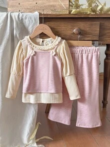 SHEIN Vintaside Kids 3pcs Baby Girls Strap Pants Set Fall Winter - Multicolor - View 3