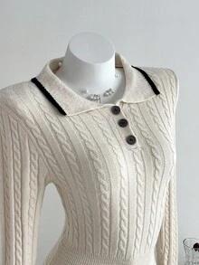 Elamini Women Contrast Color Block Button Front Waist Cinched Casual Sweater Dress Fall Winter Cloth For Women - Beige - View 4