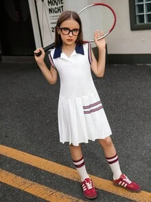 Hanevo Young Girls Casual Fashion Lapel Sleeveless Pleated Dress - White - View 6