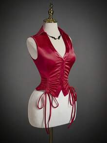 SHEIN ICON Áo ba lỗ cổ polo bó sát eo cho nữ - Đỏ - Xem 5