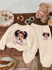 SHEIN Süßer Baby Mädchen gestrickter weicher Pullover Sweatshirt & Hose Set, dickes Lässig Outfit geeignet für Herbst/Winter, Herz, Schleife Dekor, Beige - Beige - Übersicht 3