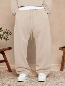 SUMWON Essential 低裆慢跑运动裤，宽松版型，抽绳腰带，弹性裤脚，居家休闲街头风舒适下装，秋冬纯色 - 卡其色 - 查看 5