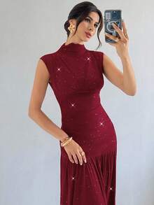 Firerie 女款優雅網紗亮片薄紗酒紅色夏季長洋裝，酒紅傘裙適合派對、夜店、用餐、晚宴婚禮及秋季約會穿著 - 紅色 - 查看 8