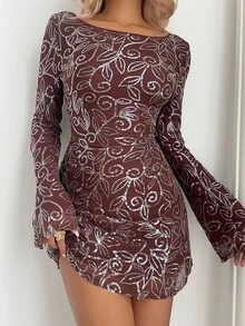 Aloruh Váy mini tay dài đính hoa sequin - Màu đỏ anh đào - Xem 3
