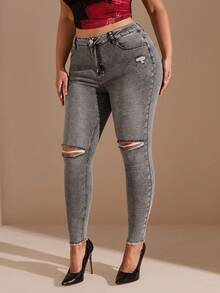 SHEIN BAE Plus Size Distressed Black Skinny Stretch Denim Jeans, Fall Women Clothes - Black - View 7