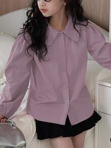 Dazy Kids Tween Girls Solid Color Collared Shirt Long Sleeve Tops - Purple - View 2