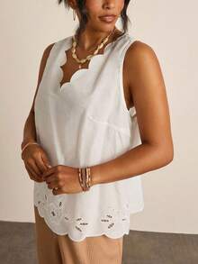 SHEIN VCAY Plus Size Women Solid Color Shell Trim Sleeveless Hollow Casual Summer Shirt